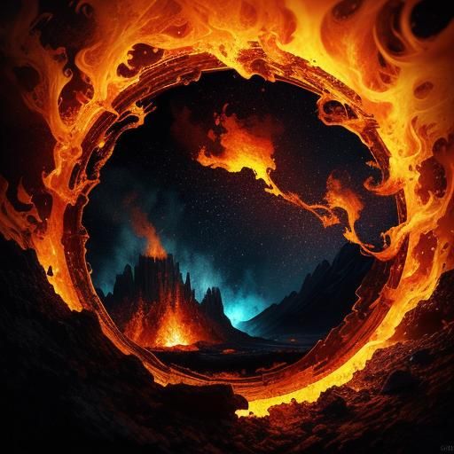 Fiery Objects in Smoldering Landscape: Hyperrealistic Digita...