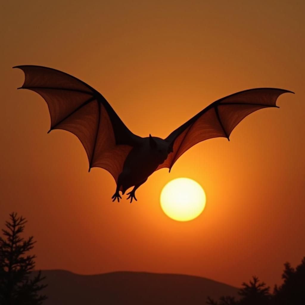 Bat in Silhouette Soaring Towards Setting Sun