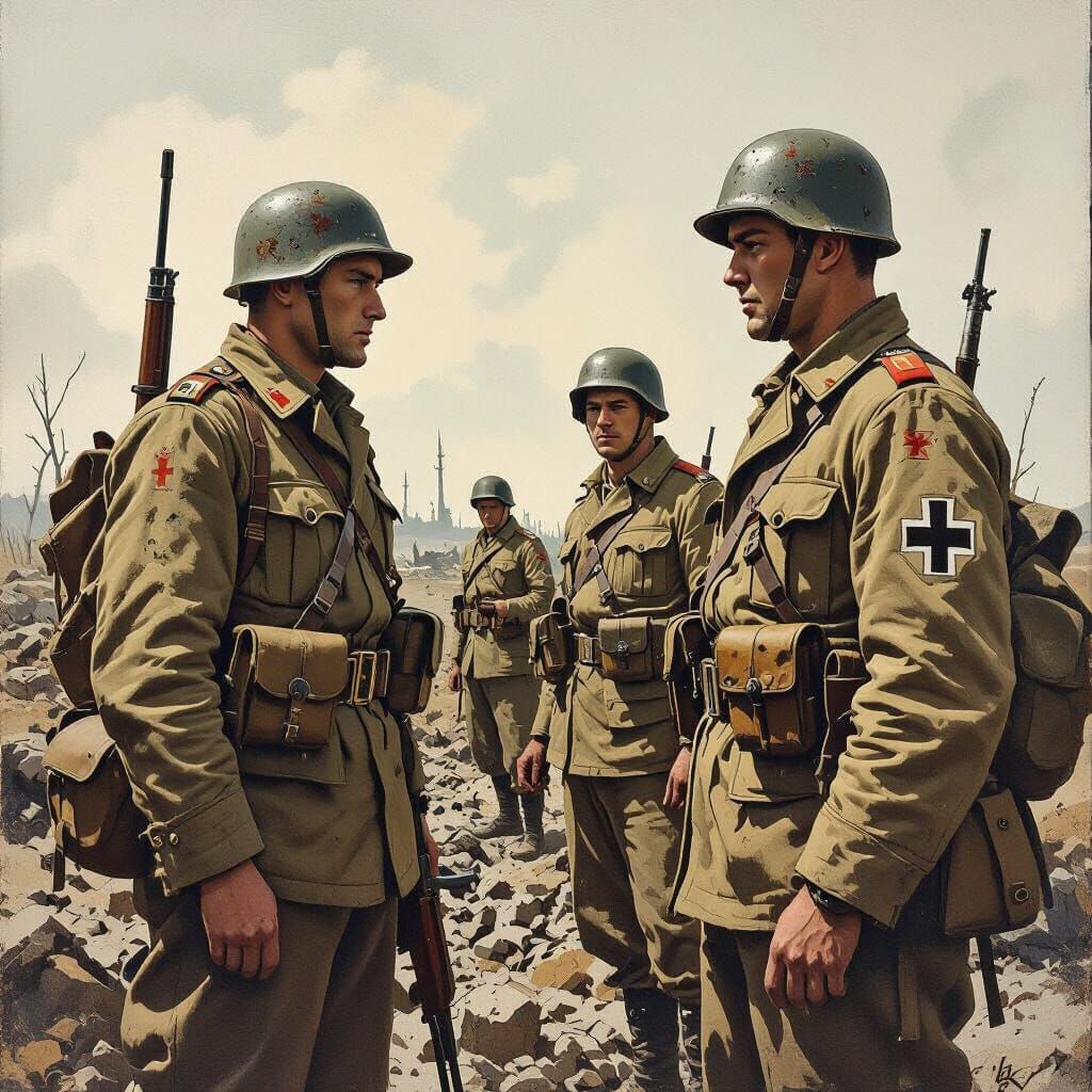 WWII German Soldiers in War-Torn Landscape