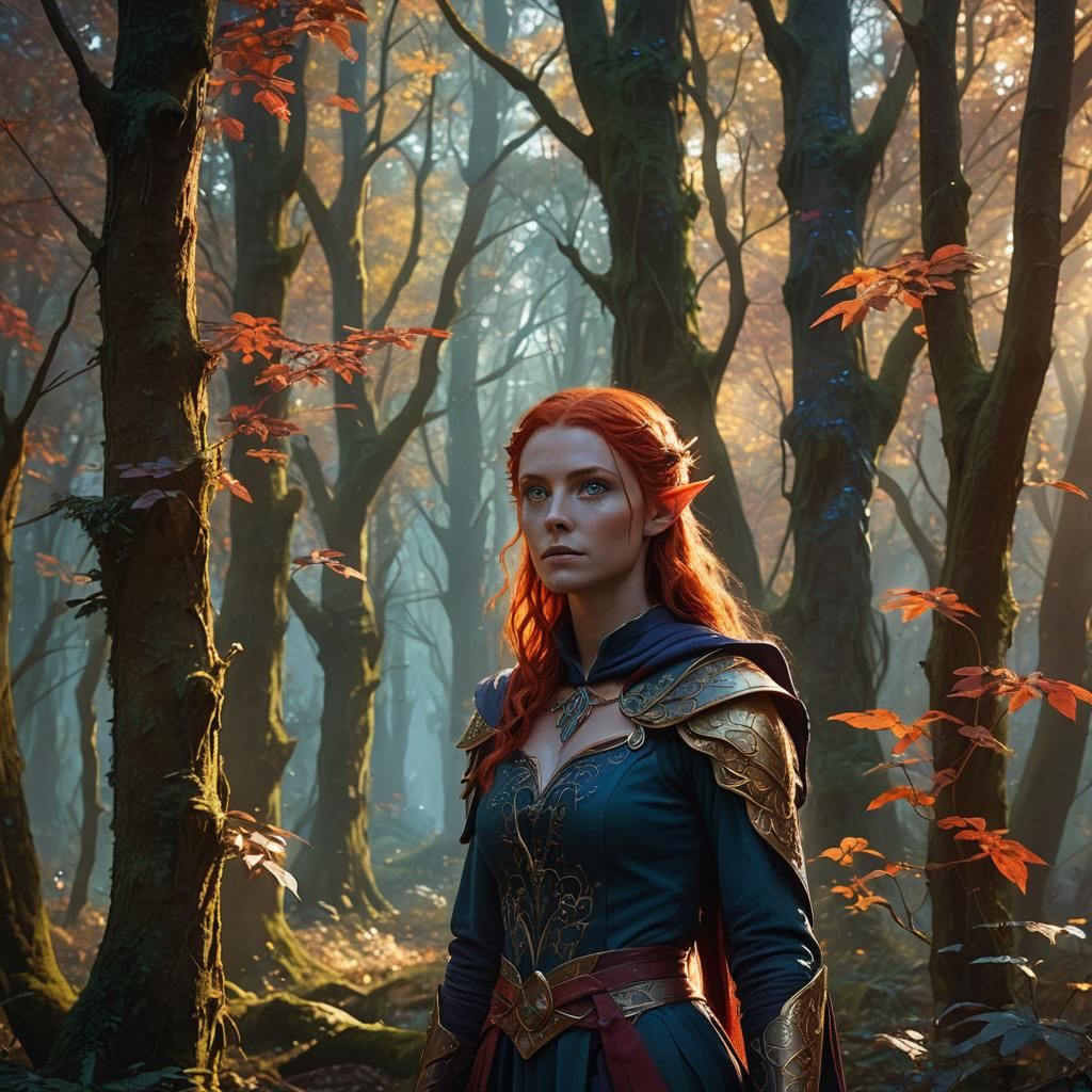 Elf Girl with Blue Eyes in Mystical Forest