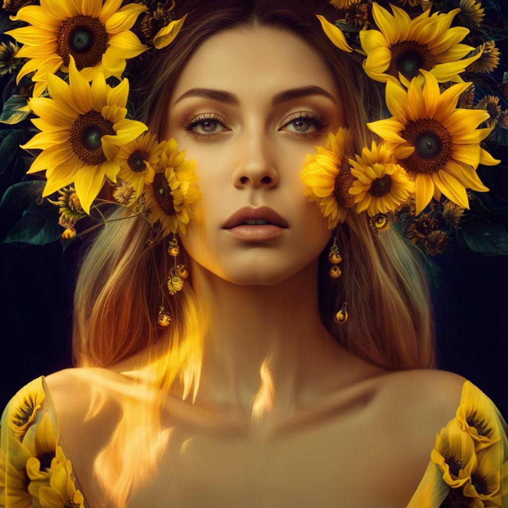 Surreal Sunflower Woman: Double Exposure Art Photography