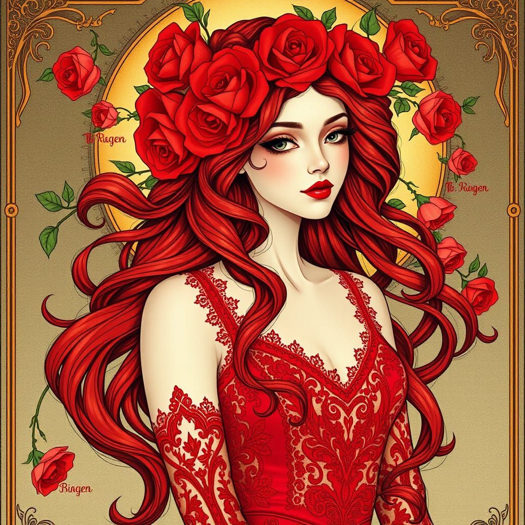 Elegant Woman with Roses in Art Nouveau Style
