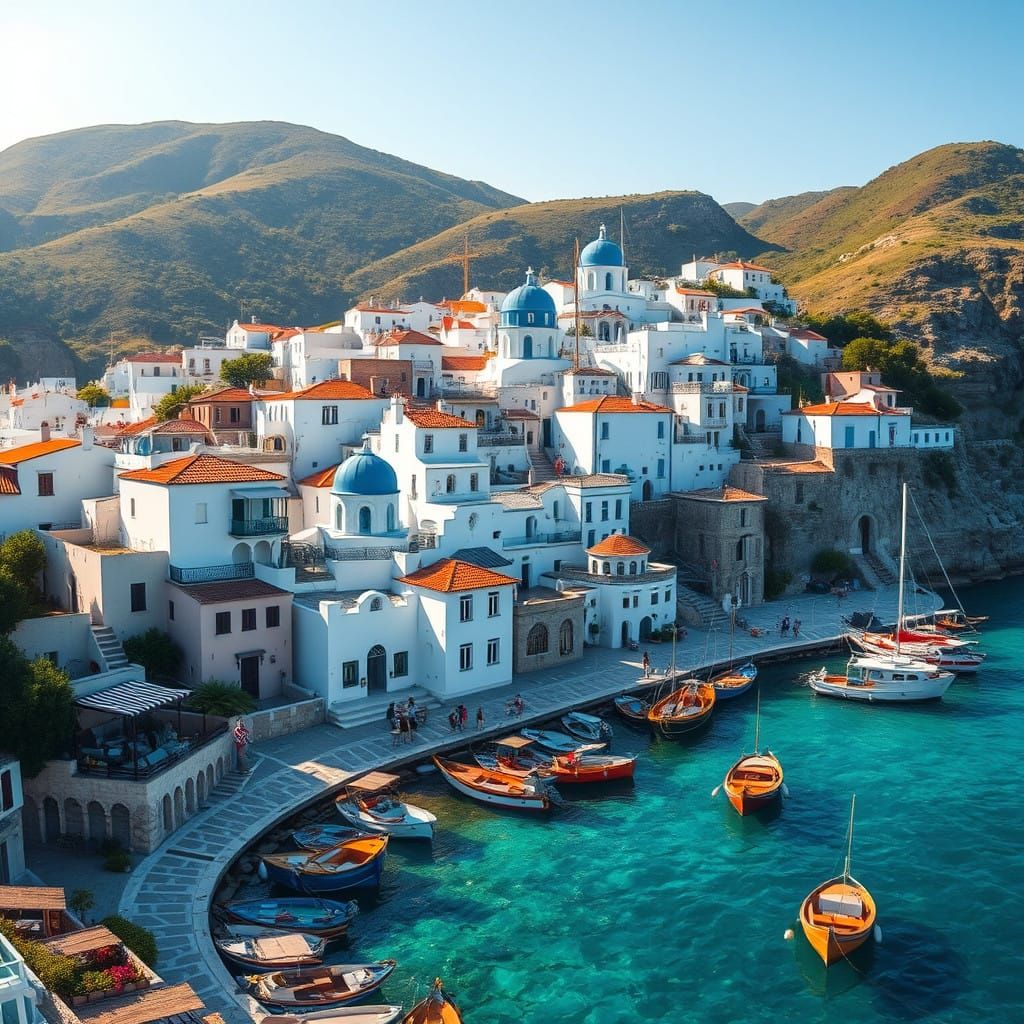 Greek Seaside Village in Dreamy Oil Painting Style