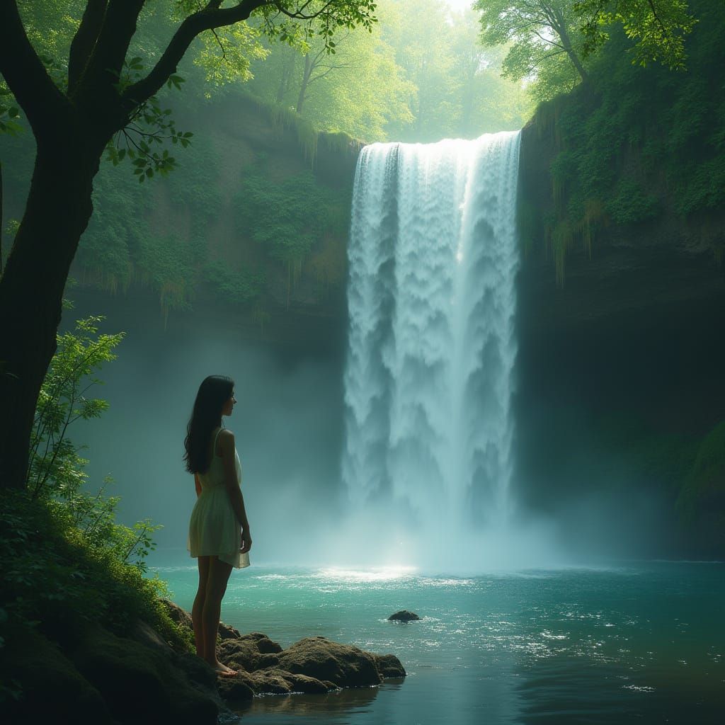 Woman by Waterfall in Ethereal Digital Art Style