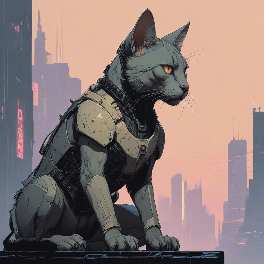 Cyberpunk Stray Cat in Neon Urban Jungle