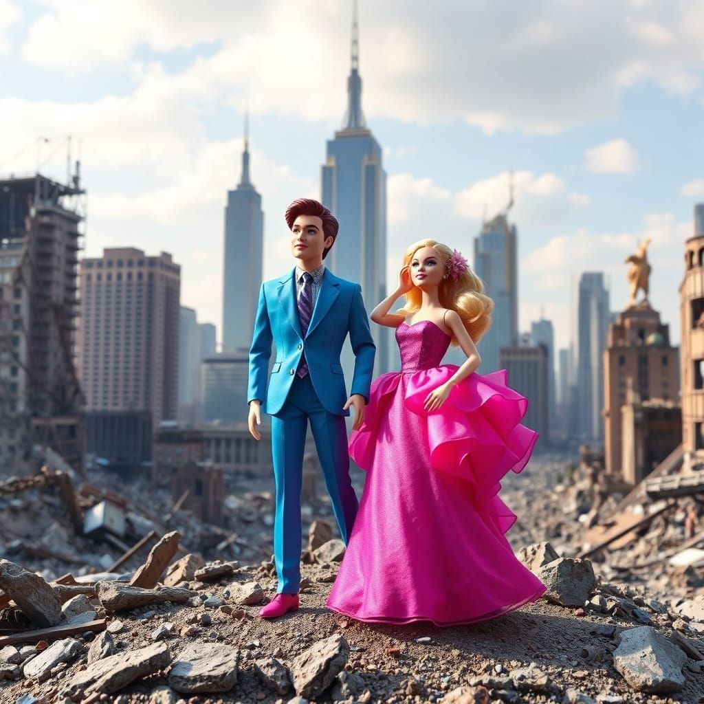 Barbie and Ken in a Post-Apocalyptic Pop Art Cityscape