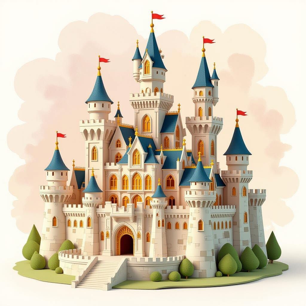 Detailed 3D Paper Castle in Digital Art Style