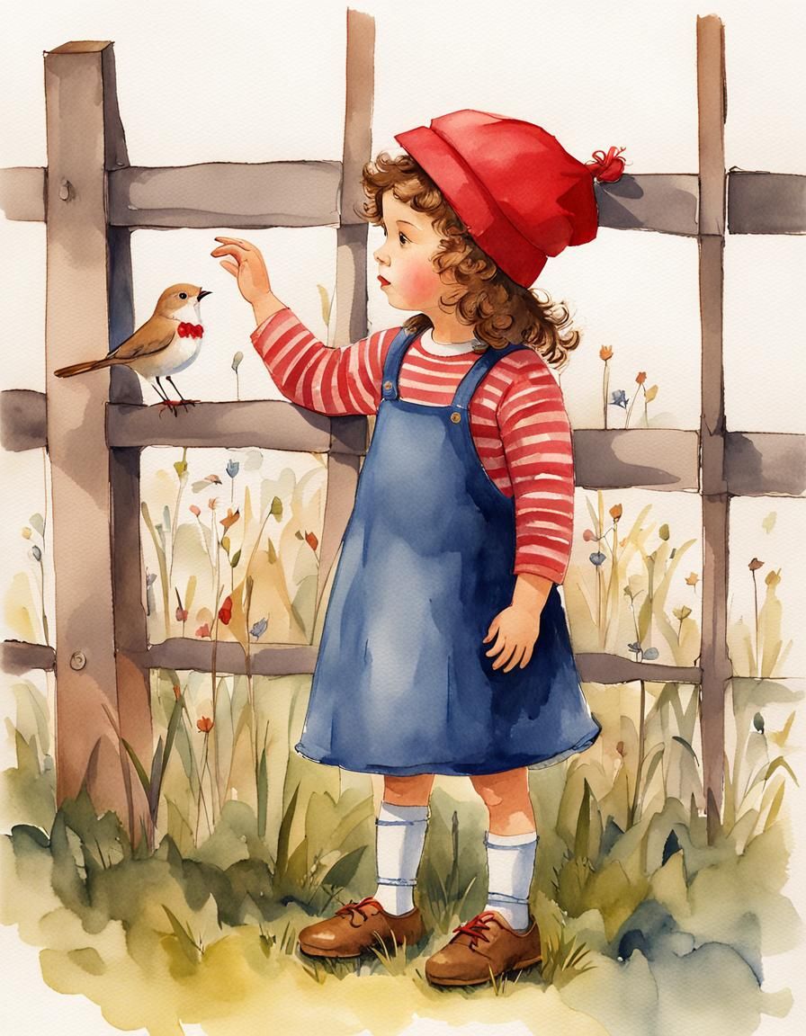 A sweet little girl with curly brown hair. She is standing behind a stick fence on a patch of grass. She is wearing a r...