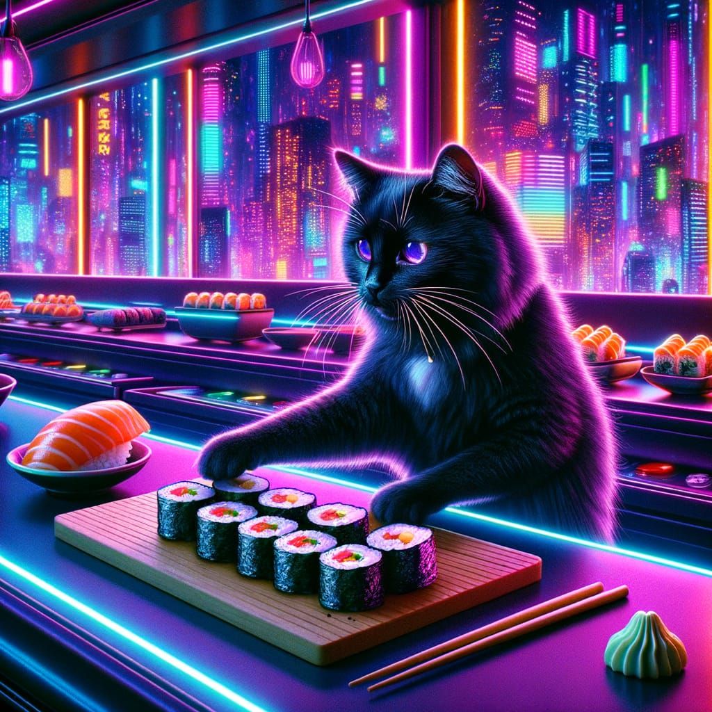 Cyberpunk Cat Chef Prepares Sushi in Neon City