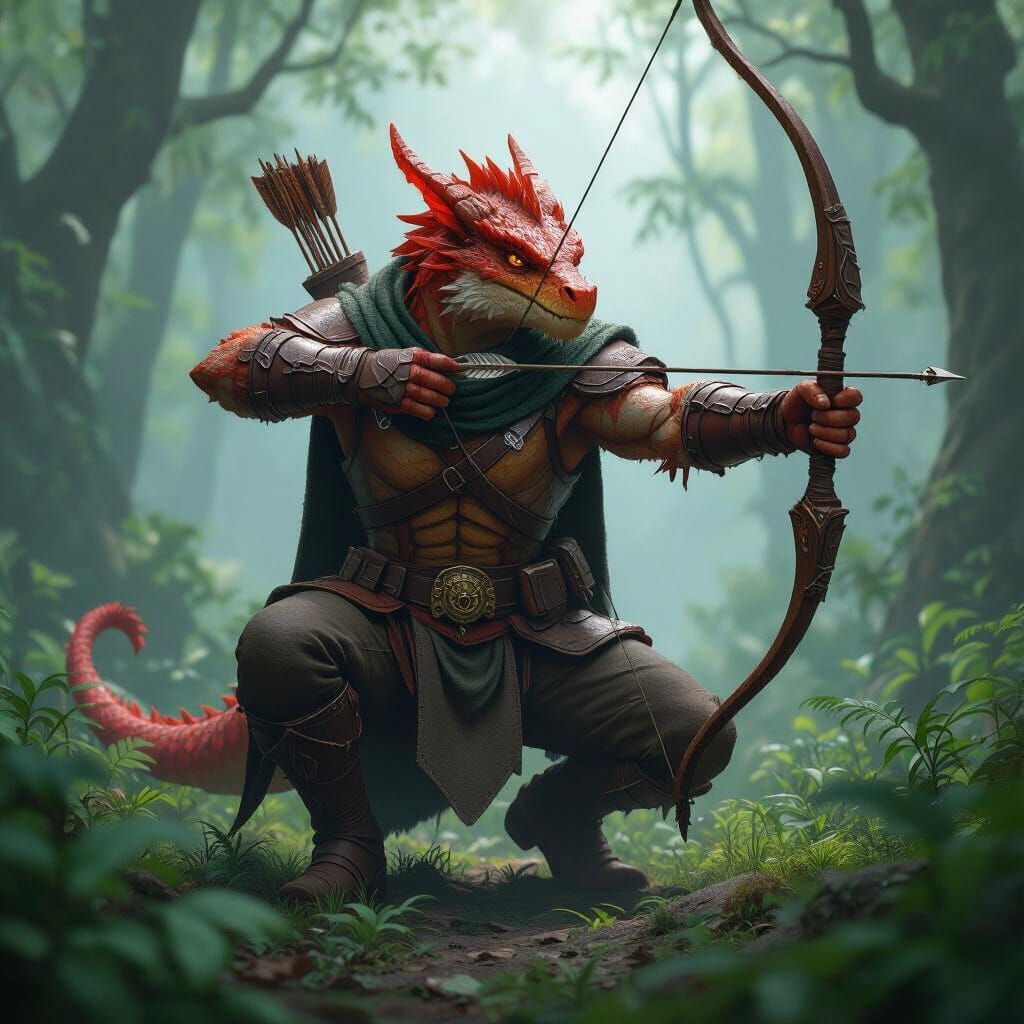 Dragonborn Ranger in Misty Forest, Anime Art