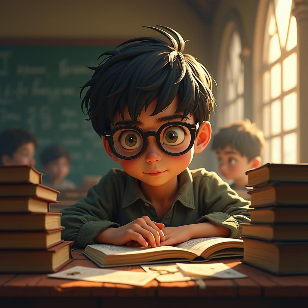 Focused Boy Studies in a Gothic Classroom