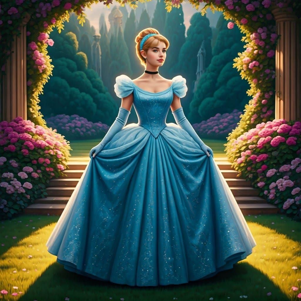 Cinderella in Blue Dress: Digital Art Oil Painting
