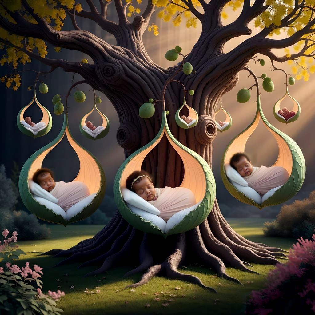 Ancient Tree of Life with Diverse Babies in Golden Forest