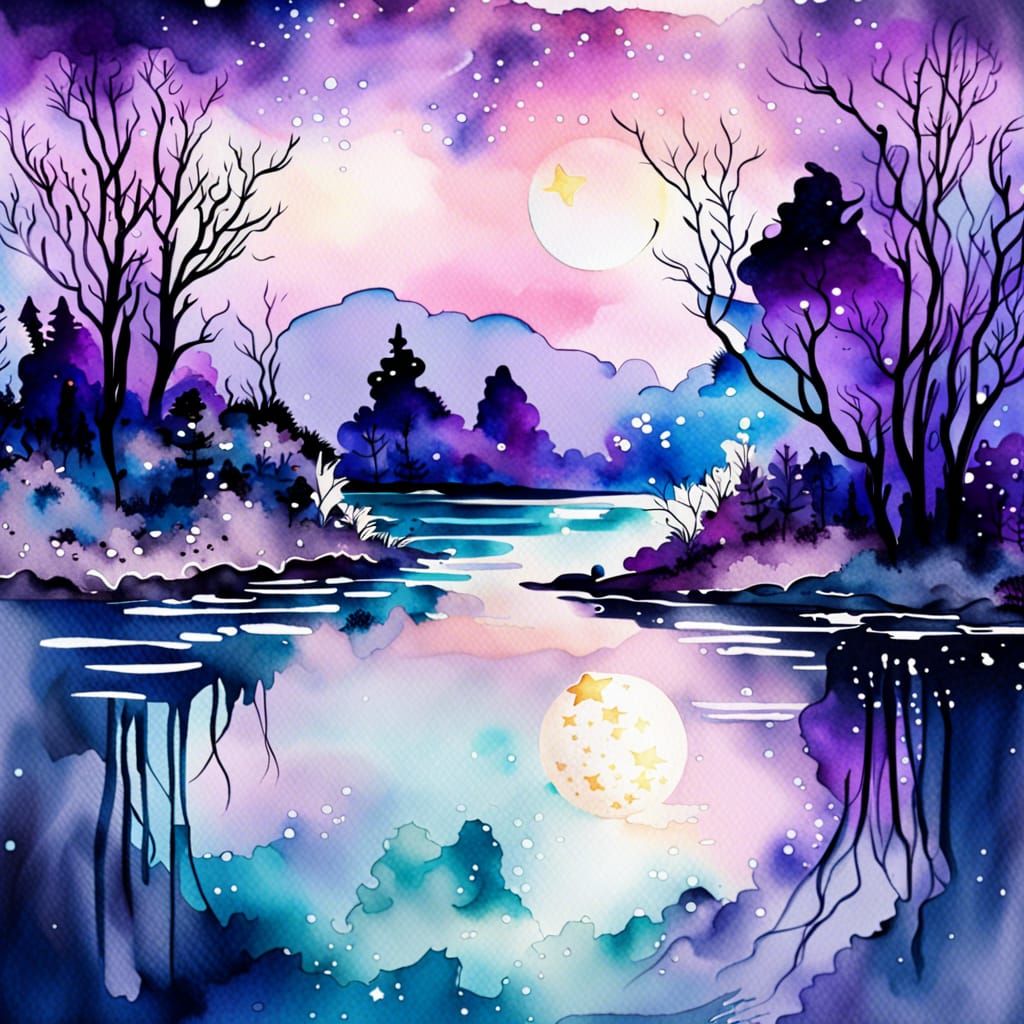Ethereal Watercolor River at Twilight