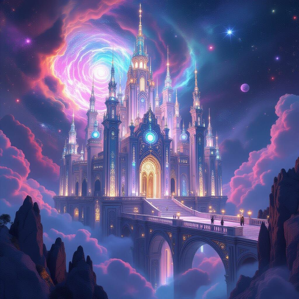 Crystal Palace Floating in Nebula, Art Nouveau Style