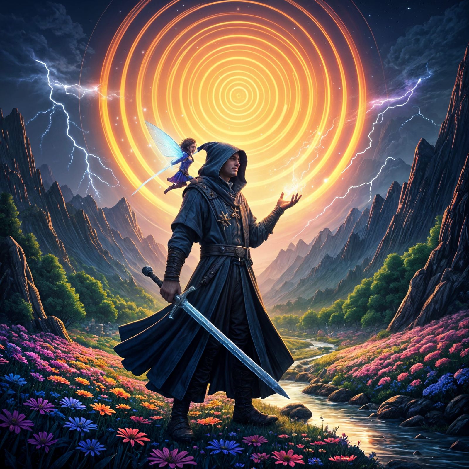 Wizard Casting Spell in Magical Landscape, Holographic Astra...