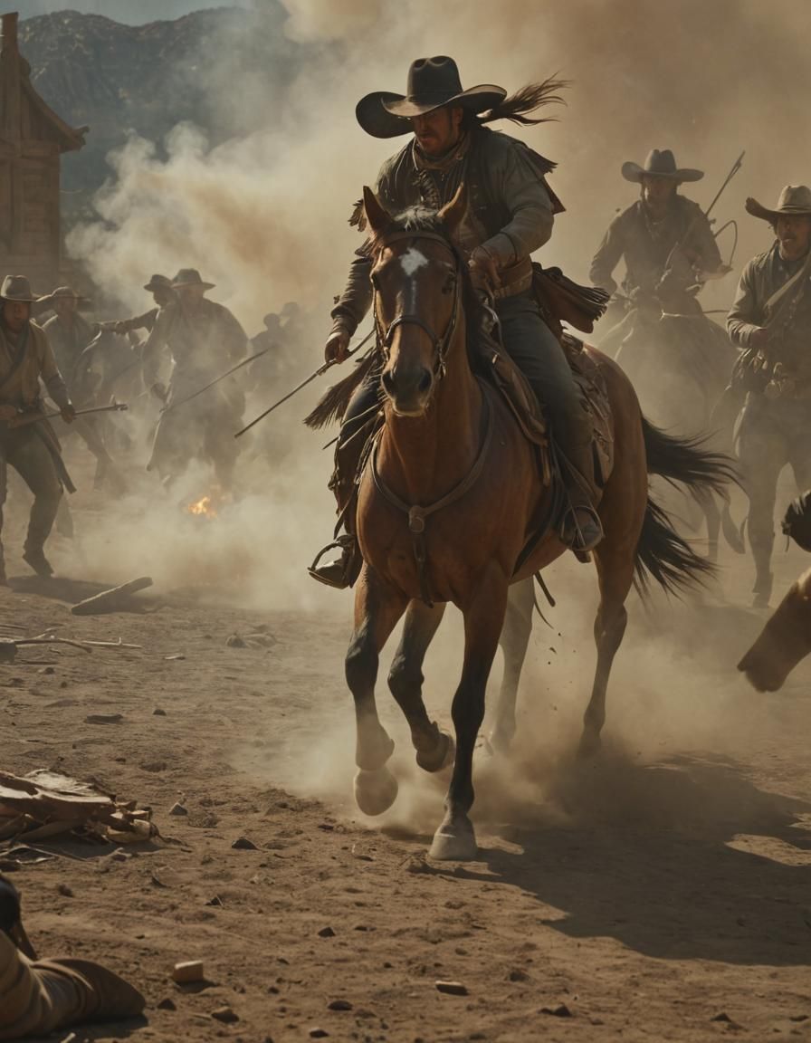 Epic Cowboy and Native American Battle in Baroque Style