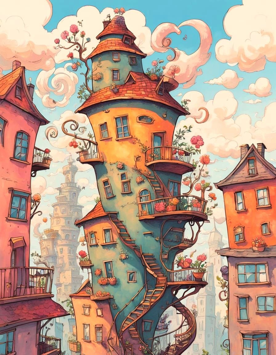 Whimsical Cartoon House with Teacup Planters as Watercolor