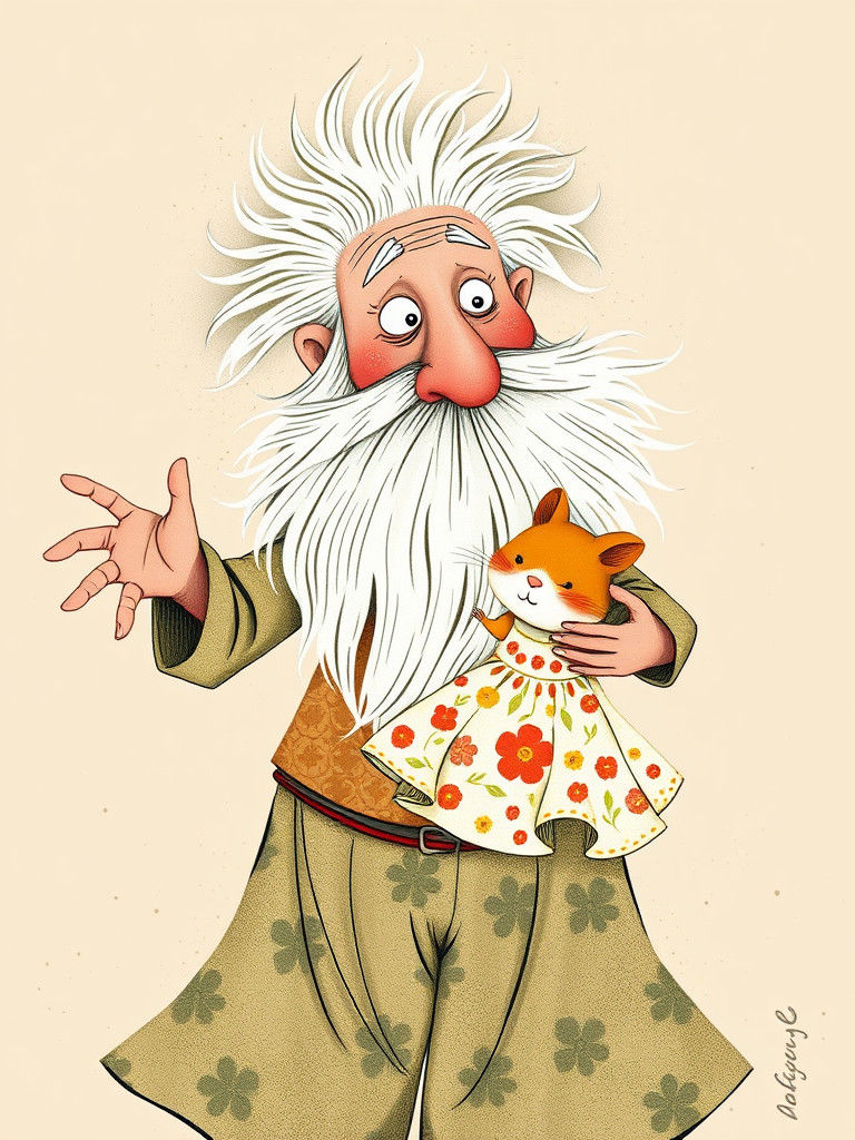 Naive Folk-Art Illustration: Old Man Dancing with Hamster