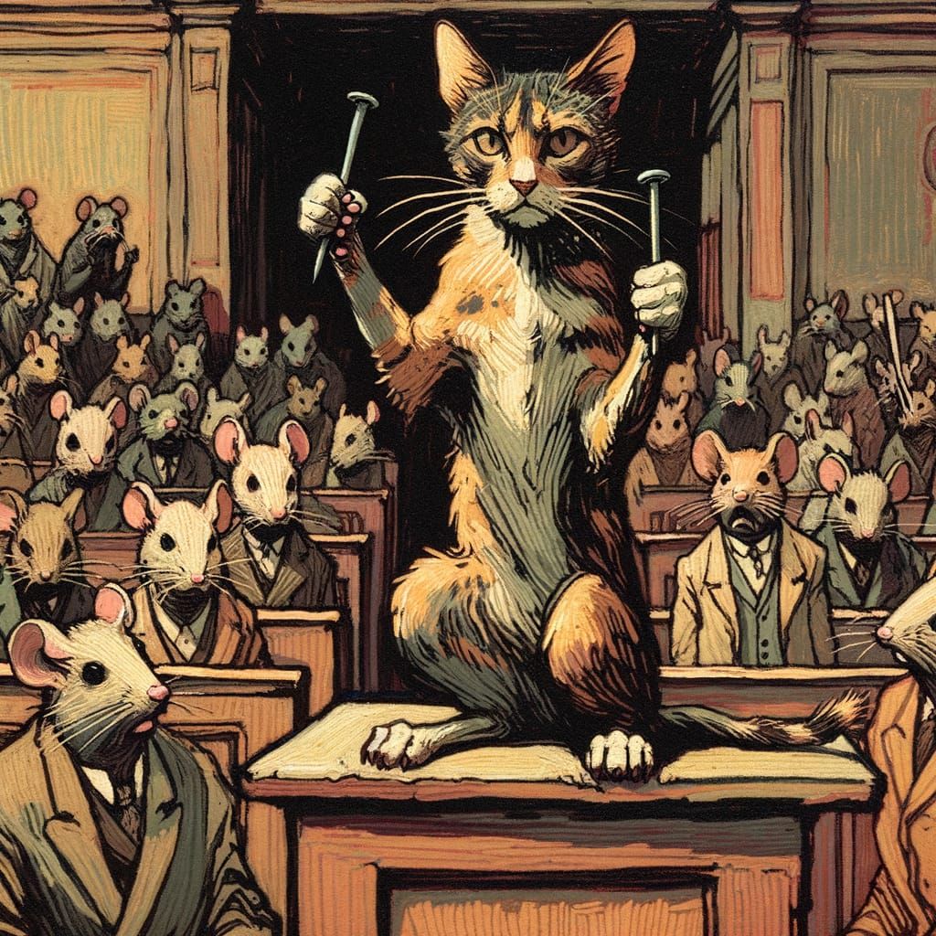 Cat Defends Itself in Courtroom, Expressionist Style