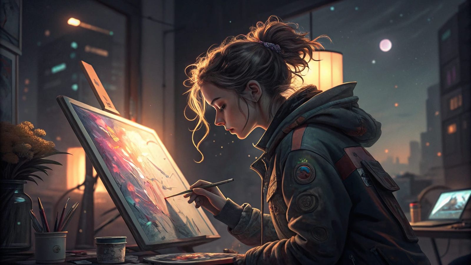 Ethereal Artist Girl Paints by Soft Evening Light