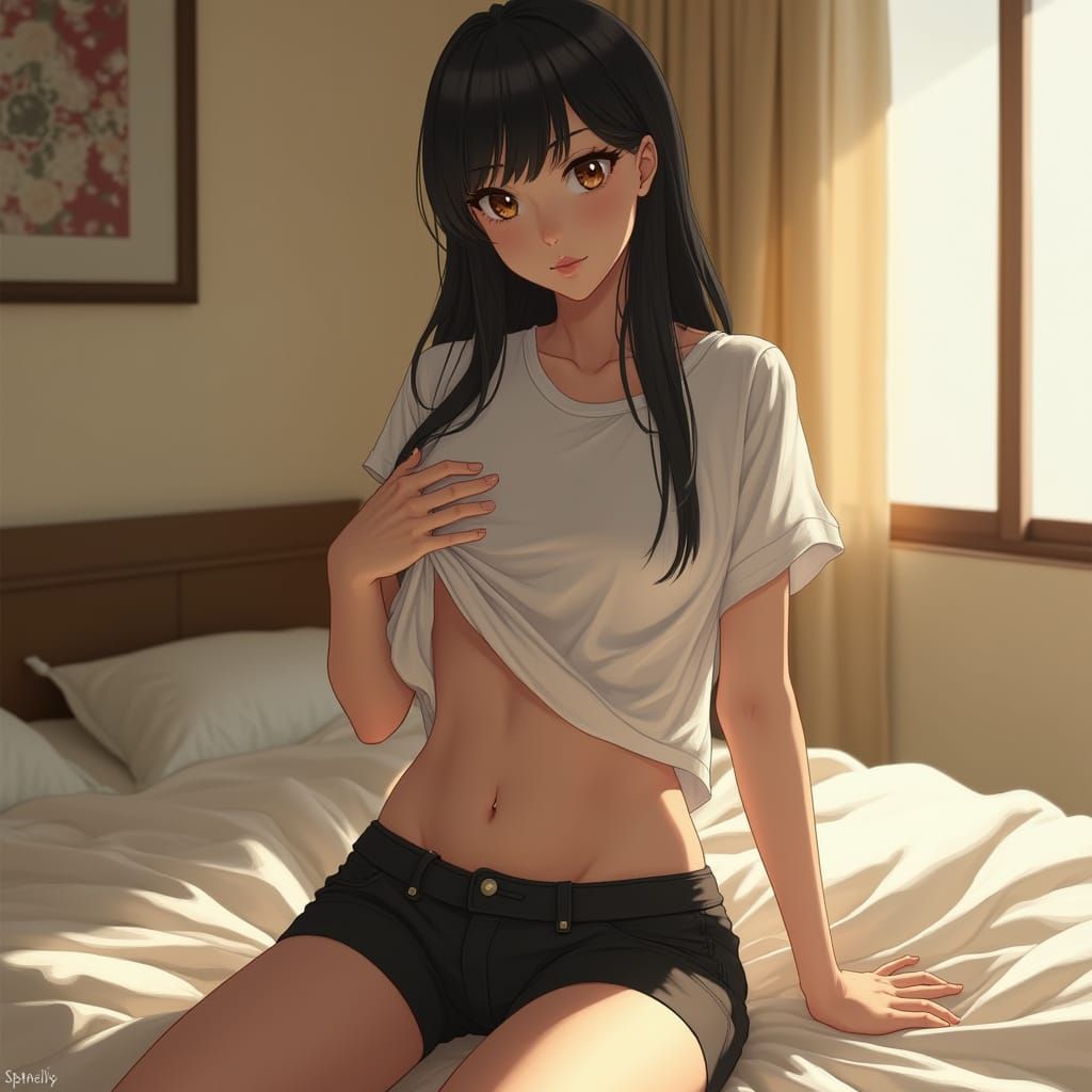 Sensual Woman Posing in Serene Bedroom, Art Nouveau Style