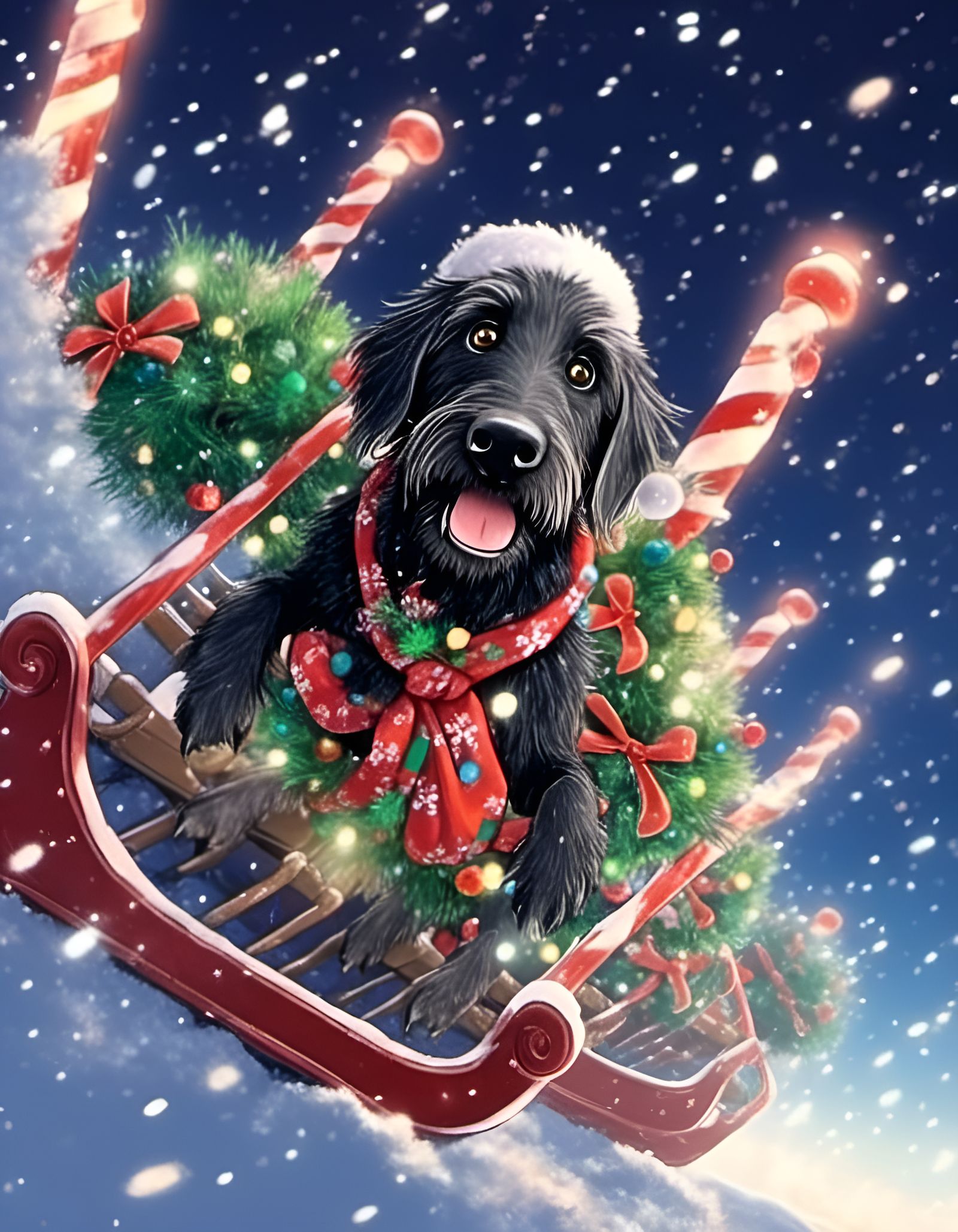 Anime Labradoodle in Santa's Sleigh, Ghibli Style