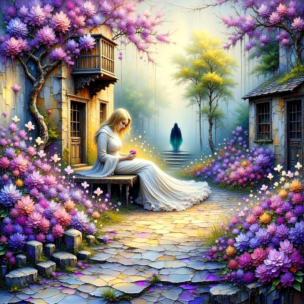 Surreal Courtyard Blooms with Violets and Curious Animals in...