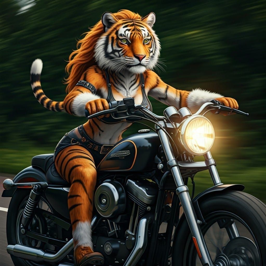 Elegant Tigress Rides Harley Davidson Through Lush Countrysi...