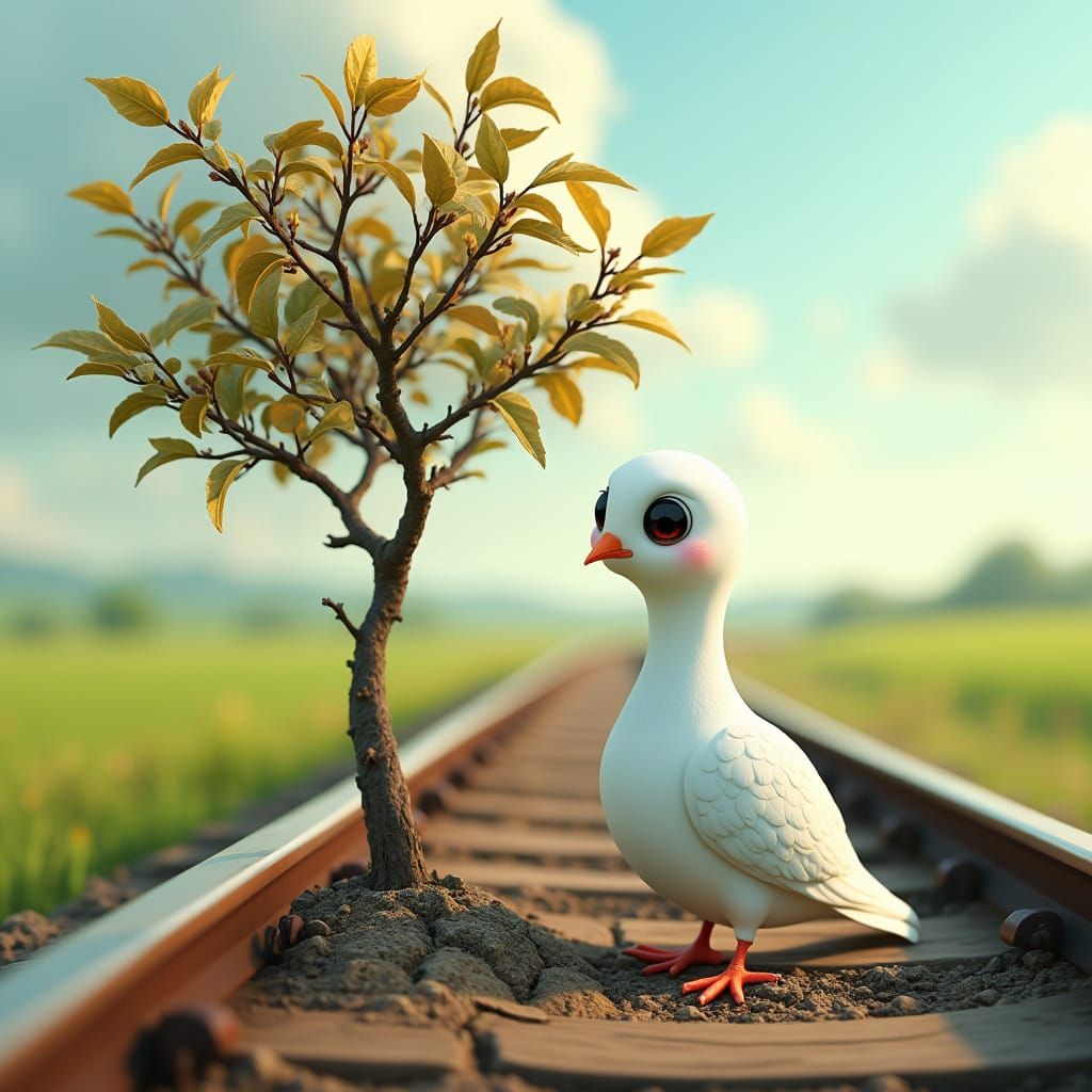 Sad Dove and Plum Tree in Hyper-Realistic Cartoon Style