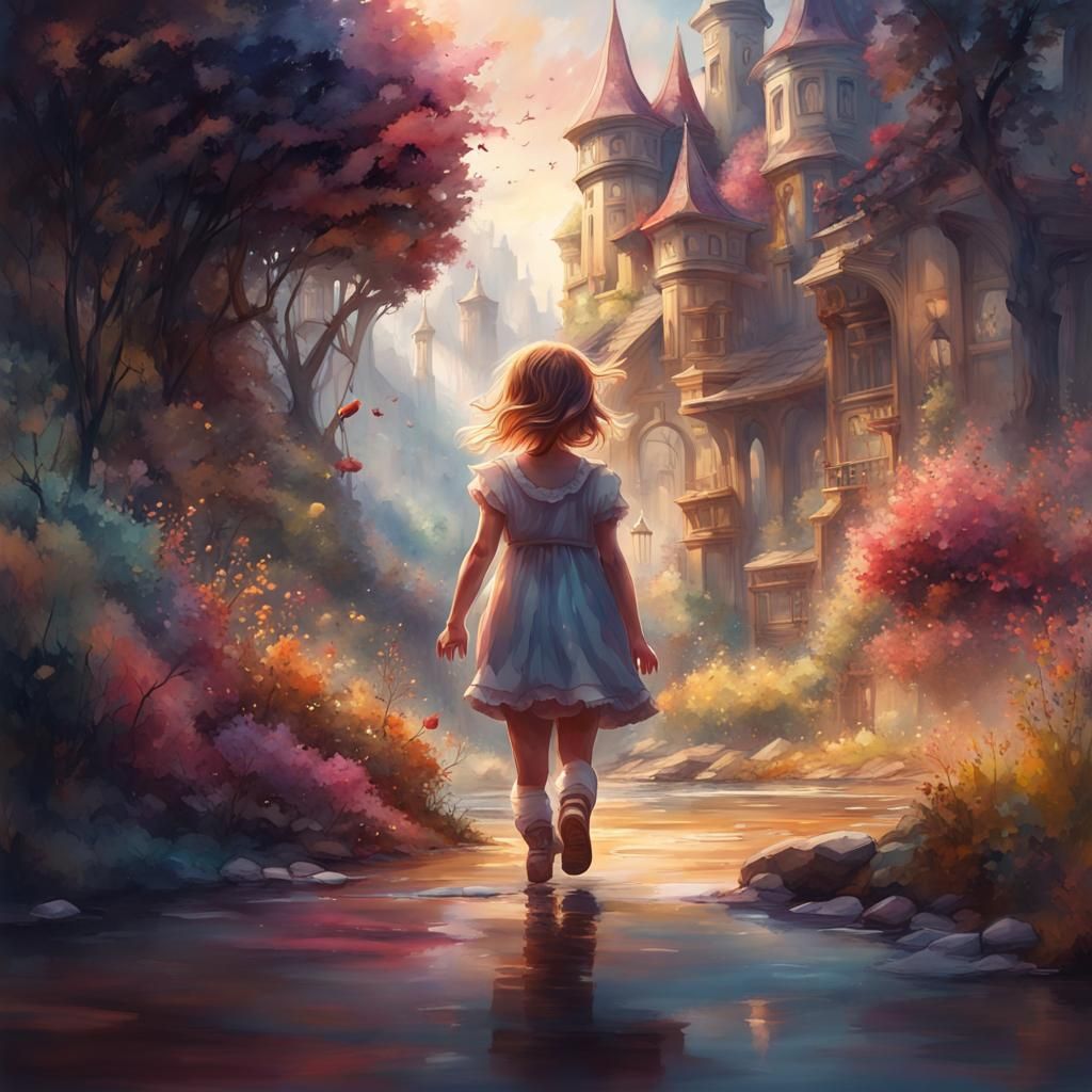 Joyful Girl Playing: Detailed Watercolor Painting