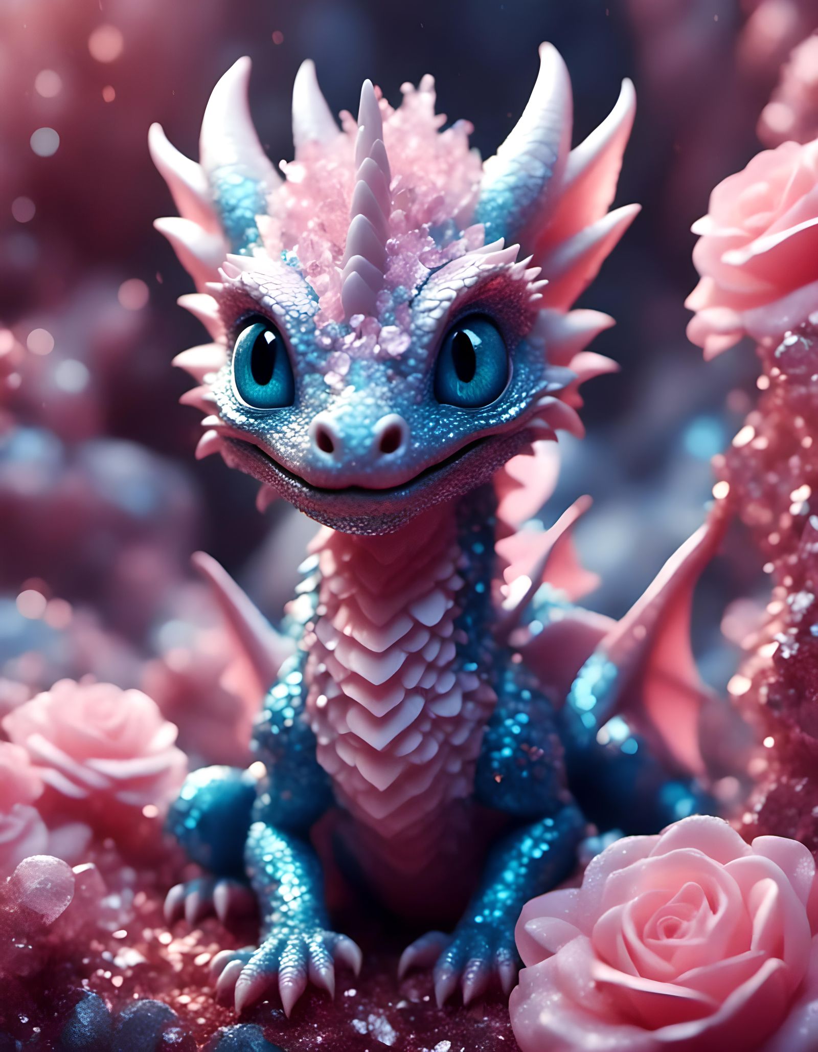 Adorable Blue-Eyed Dragon in Rose Quartz Cave