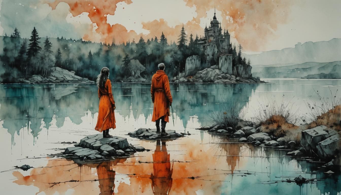 Lovers by the Lake: Watercolor and Ink Landscape