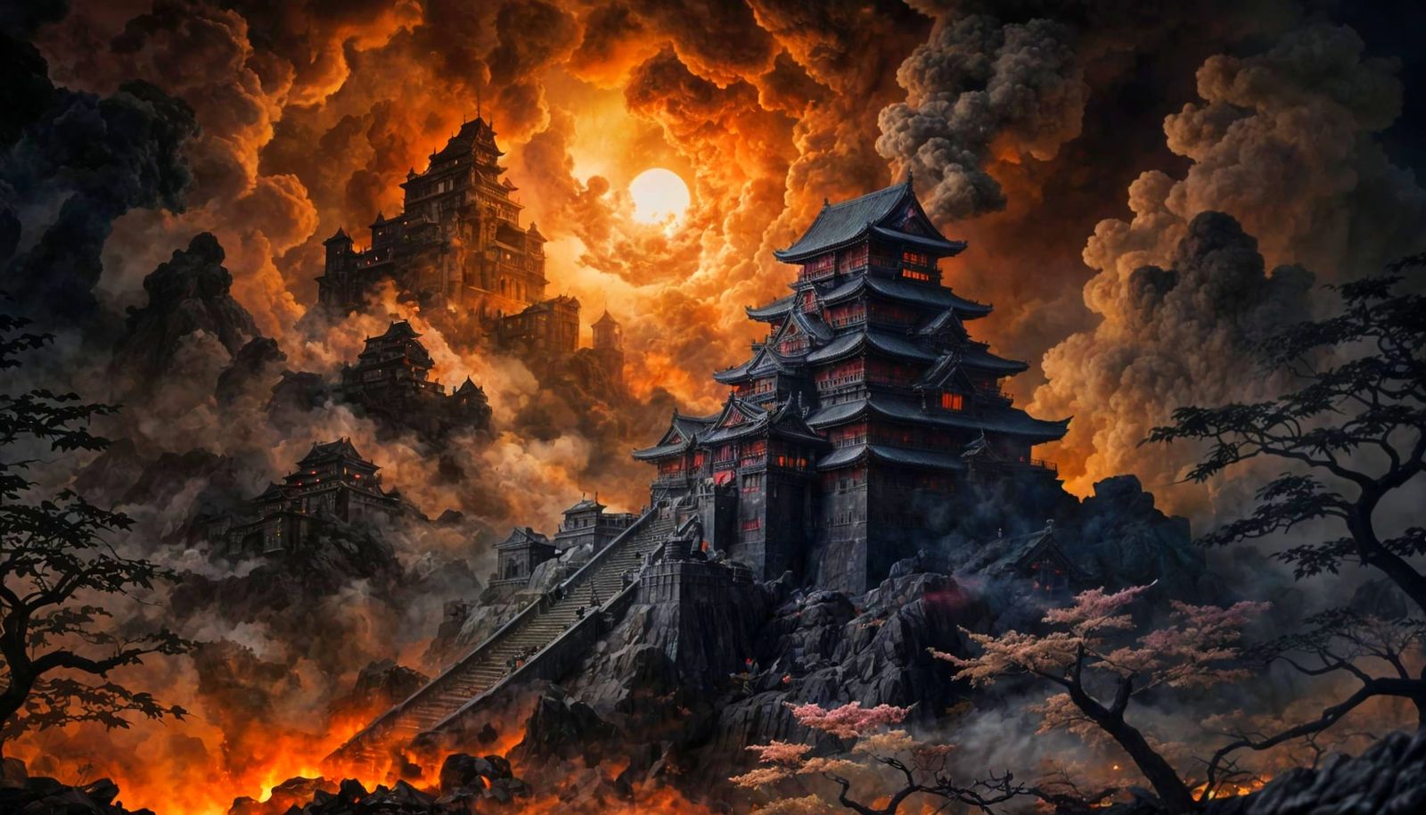 Dark Fantasy Oni in Smoldering Castle Ruins as Sumi-e Painti...