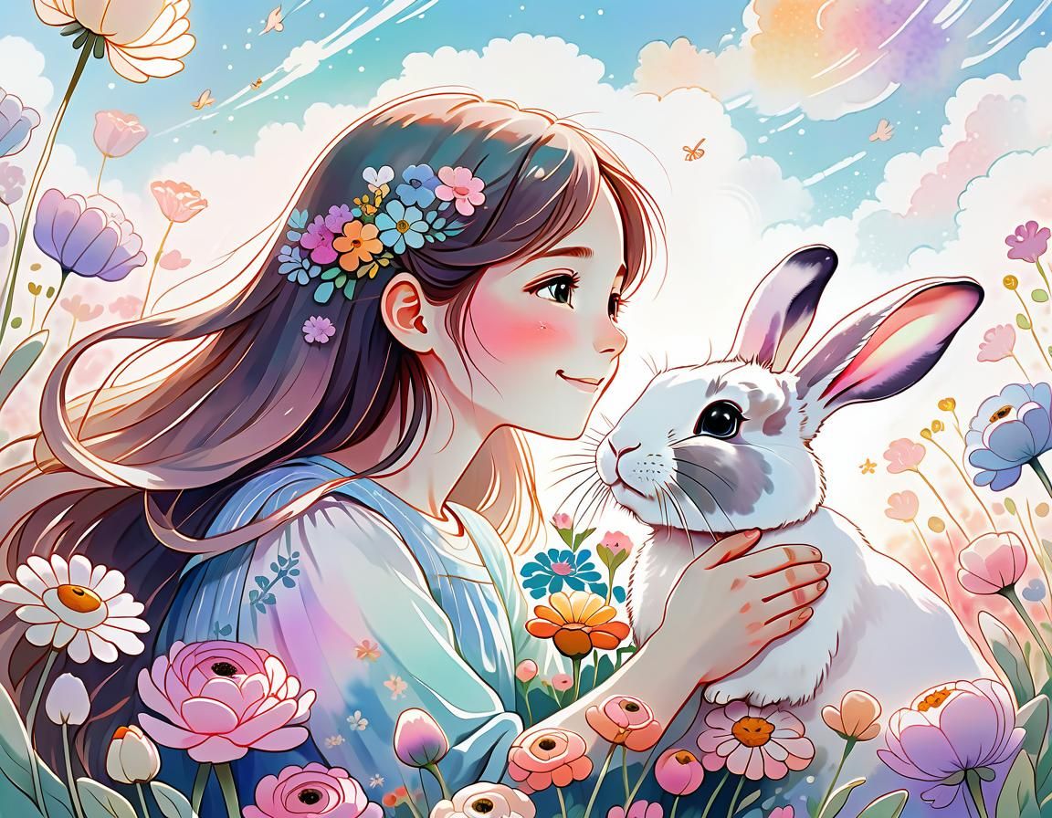 Anime Style Girl and Rabbit in Flowers