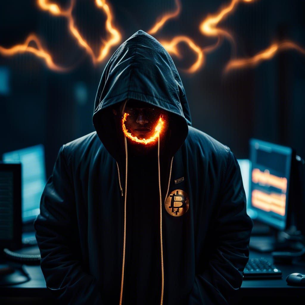 Hacker in Dark City with Bitcoin Logo