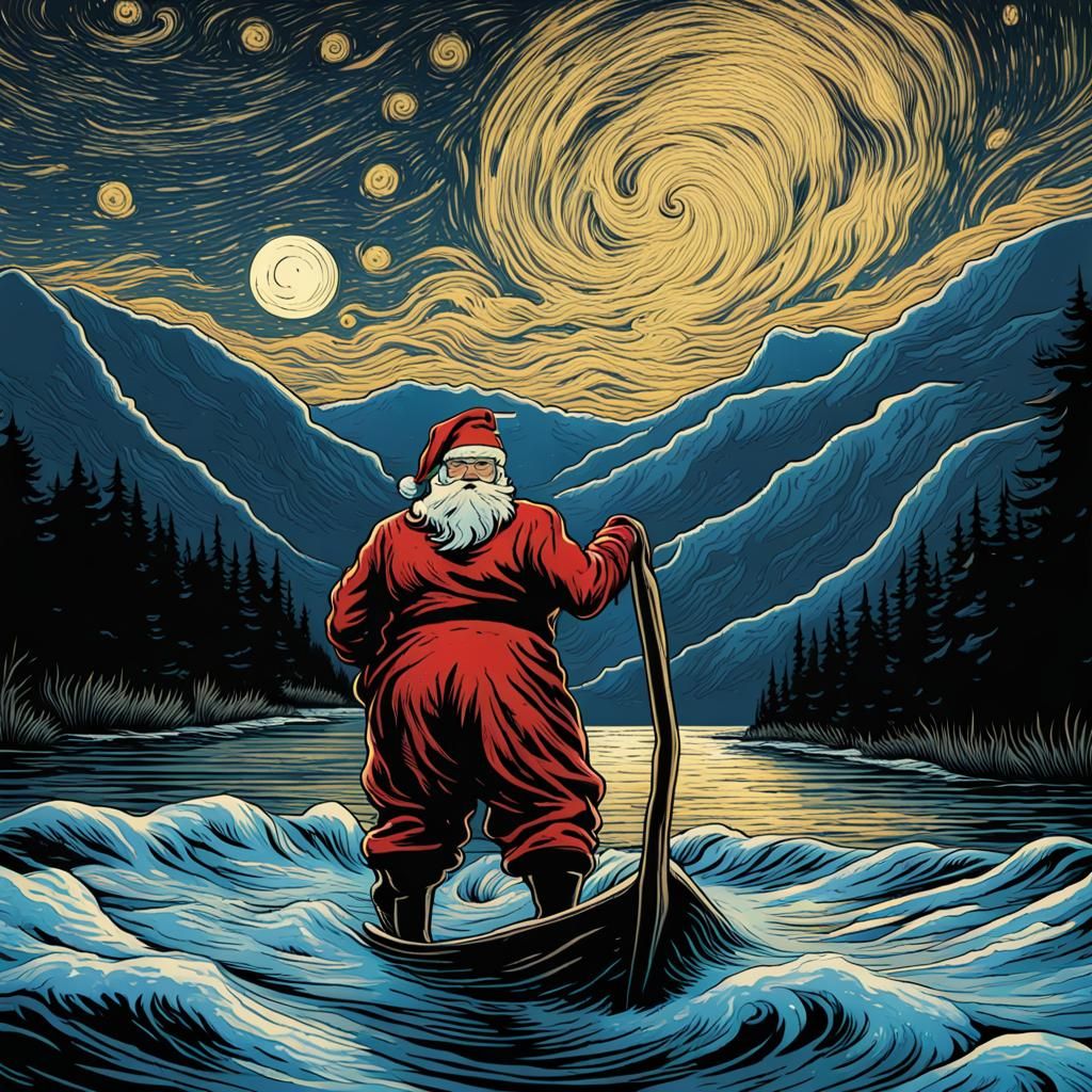 Santa Claus in Starry River: Van Gogh Style T-Shirt Art