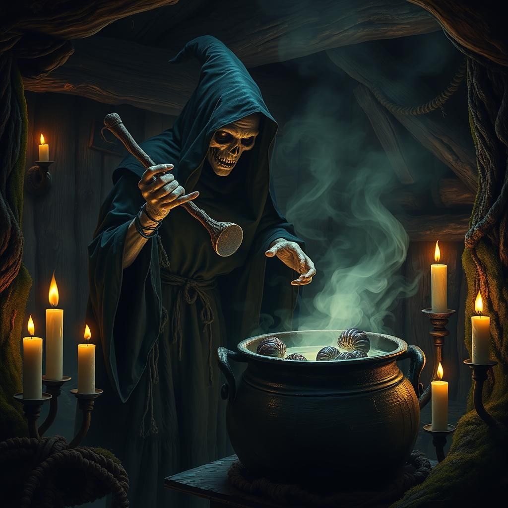 Sinister Witch Brewing Potion in Dark Fantasy Scene