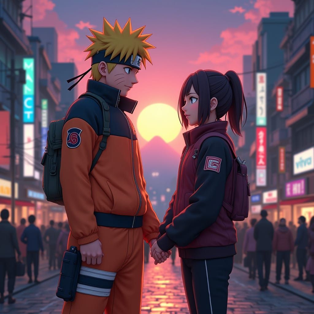 Naruto and Hinata in Neon Tokyo