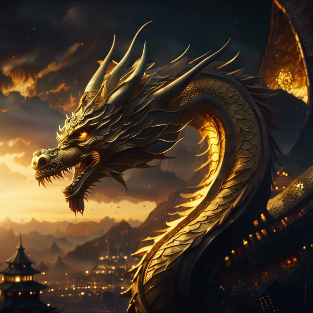 Golden Dragon Soaring Through a Lit Sky