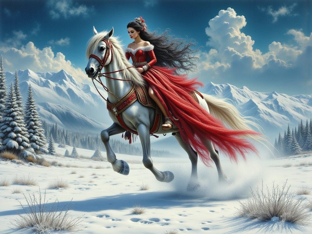 Medieval Woman Jumps Horse Over Ice Obstacle in Snowy Landsc...