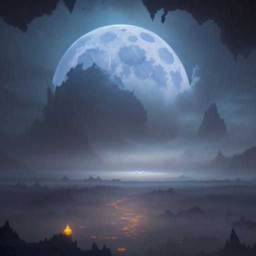 Large Moon Shining Through Clouds in Detailed Matte Painting