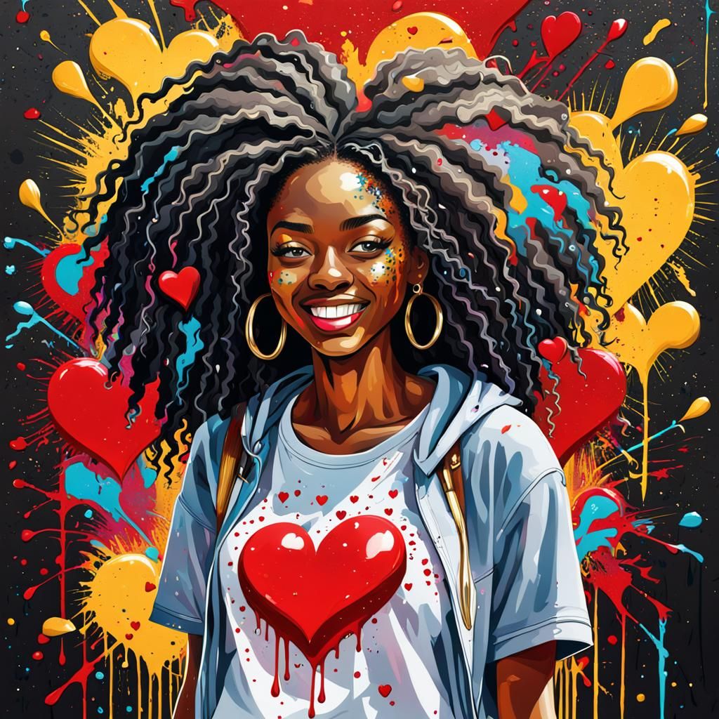 Graffiti Art: Afro Girl with Gold Crystals and Hearts