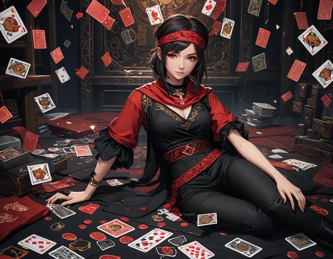 Anime Woman Surrounded by Cards: Detailed Digital Art