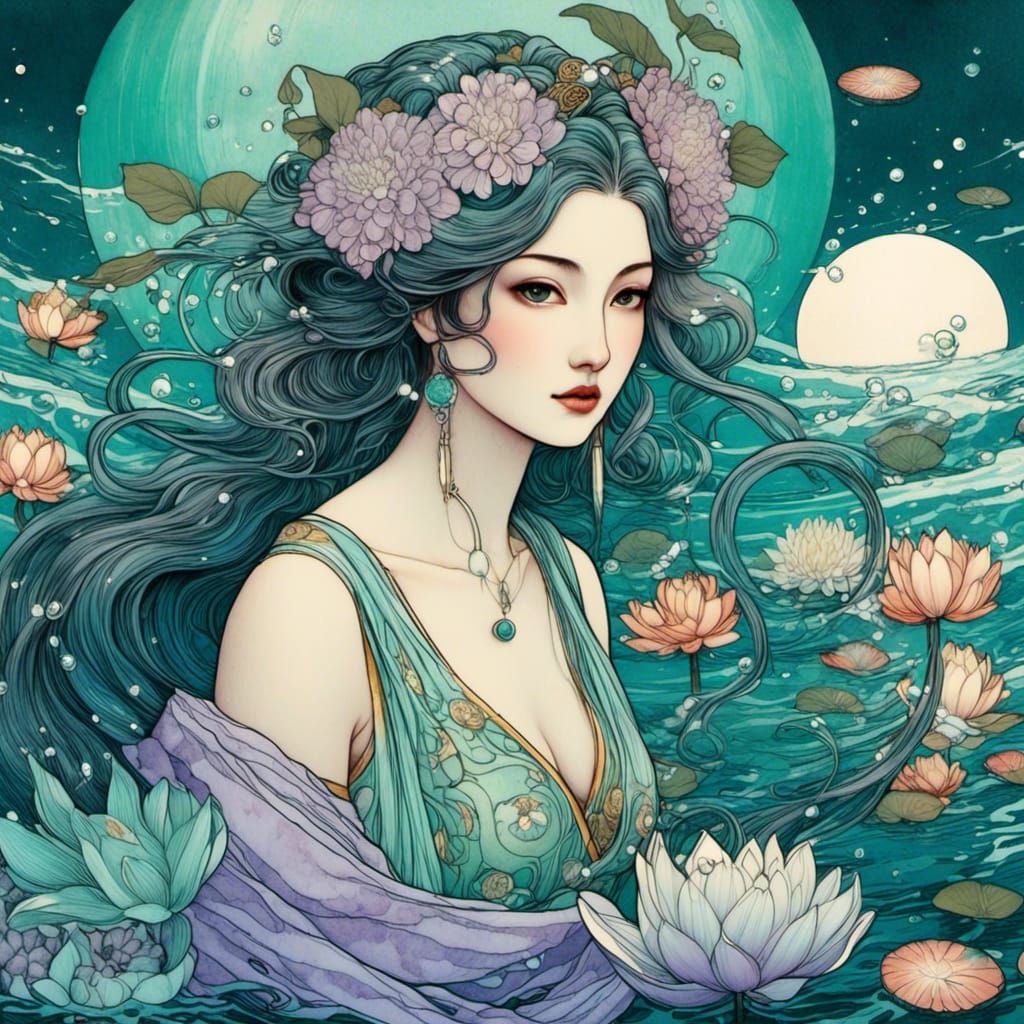 Pisces Goddess in Ukiyo-e Watercolor Style