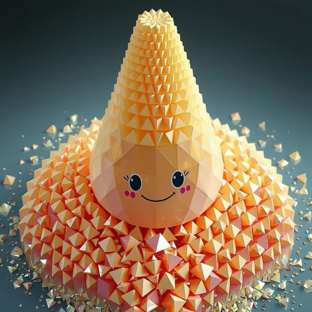 Shimmering Pyramid with Smiling Face in CGI Diorama Style