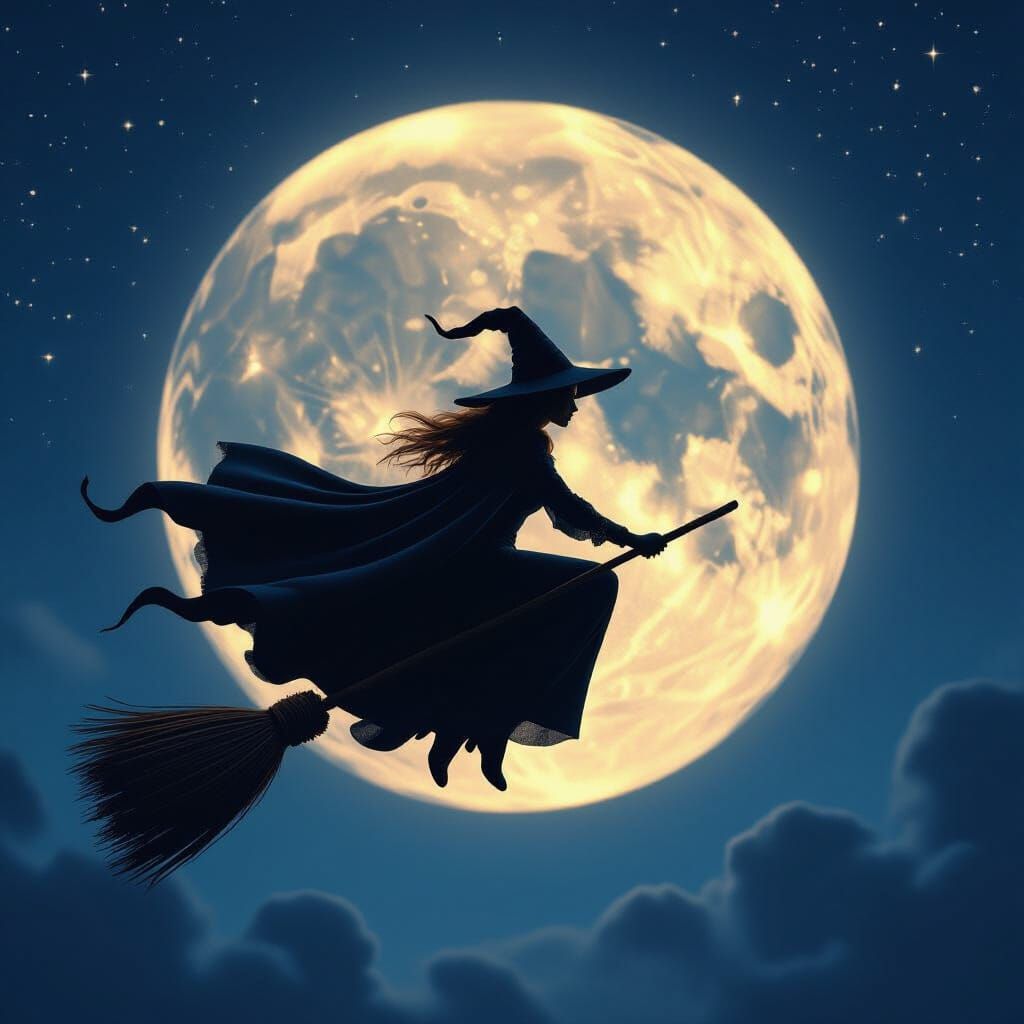 Witch on Broomstick Flying Past Full Moon - Fantasy Art