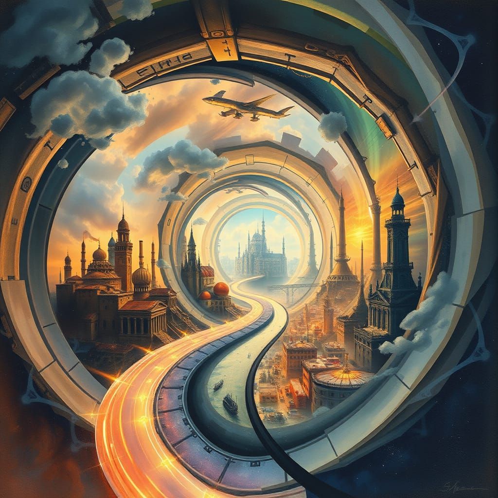 Epic Time Travel Tunnel in Blended Painting Styles