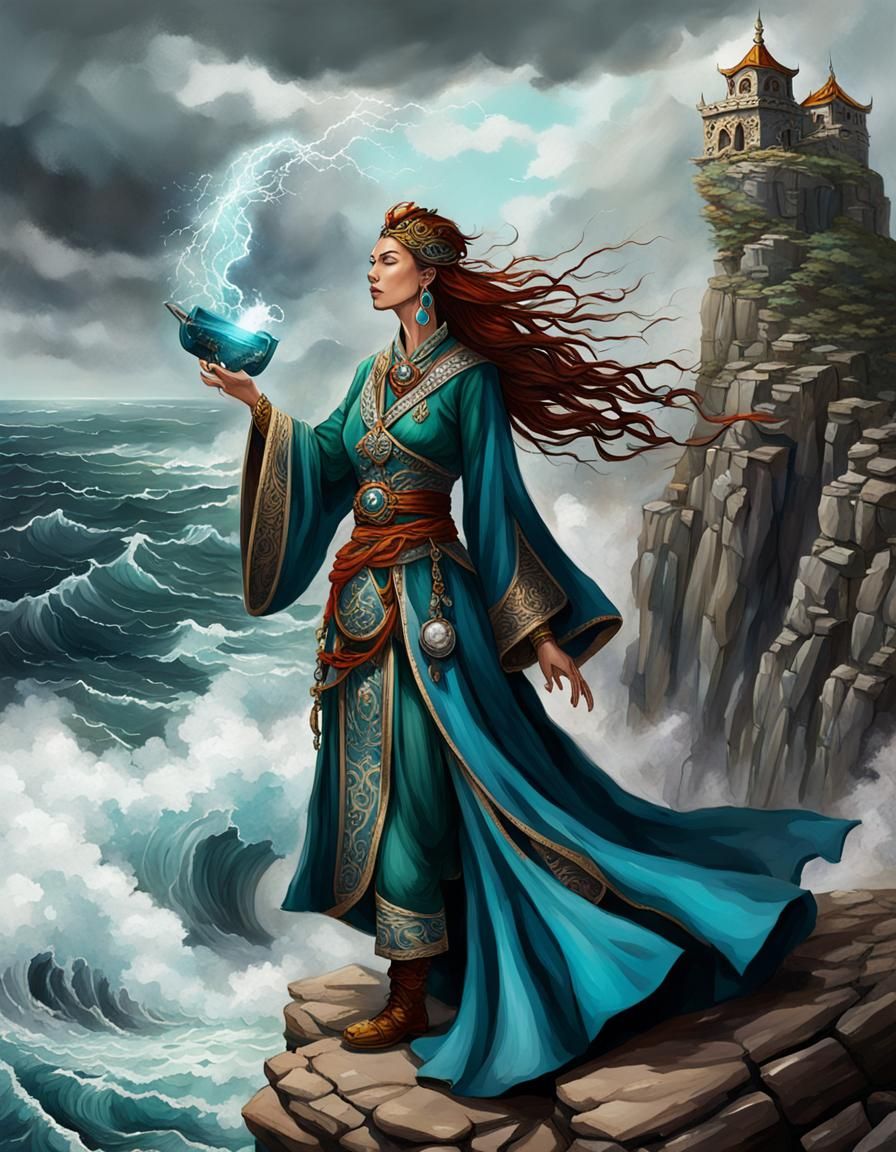 Wind Priestess Summons Gale on Rocky Cliff