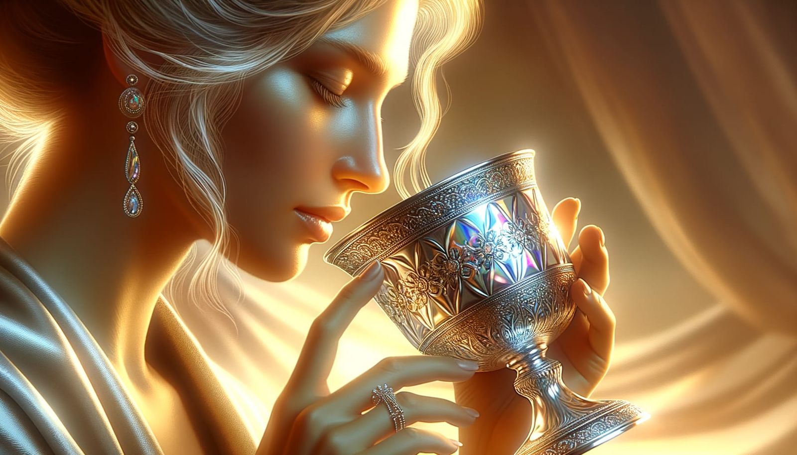 Woman Drinks From Silver Cup Reflecting Light